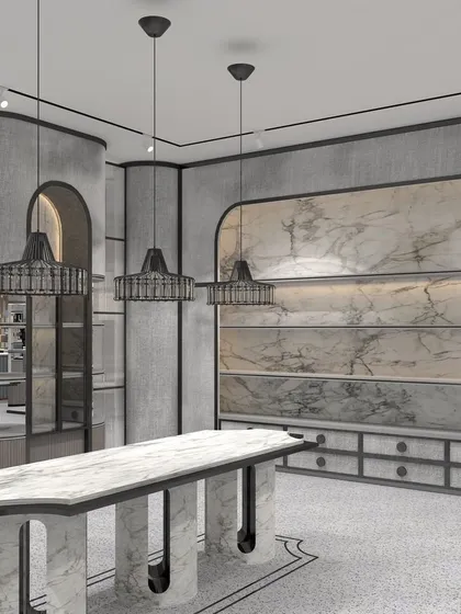 A work-in-progress render for the Izzhar store, showcasing the design intent. The use of marble, textured fabrics, and dramatic lighting creates a vision of monochrome elegance and luxury before the first material is even sourced.