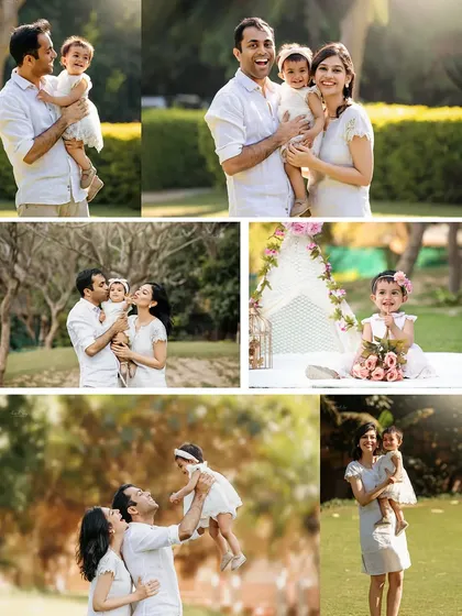 A collage showcasing the variety of shots from a single outdoor family session. I provide a mix of posed portraits, candid moments, and individual shots.
