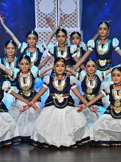 Our advanced kids' batch in a stunning group pose from their "SREEMAN NARAYAN" production. It fills my heart with pride to see them command the stage with such confidence and skill.