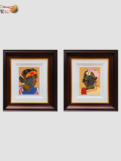 A diptych of portraits by Thota Vaikuntam, showcasing his signature style of depicting the men and women of rural Telangana with dignity and boldness.