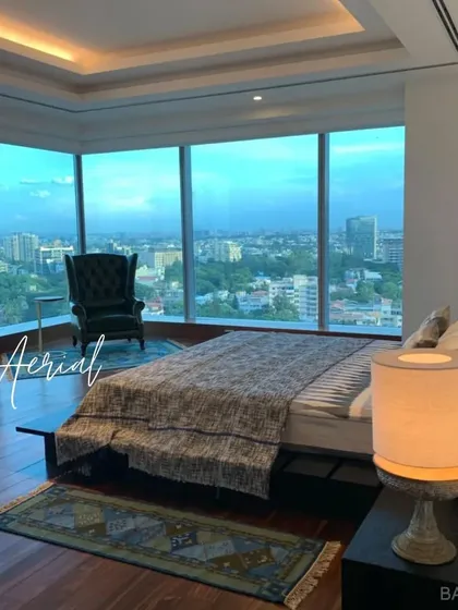 An aerial view of the luxury bedroom project, emphasizing the expansive feel created by the floor-to-ceiling windows.