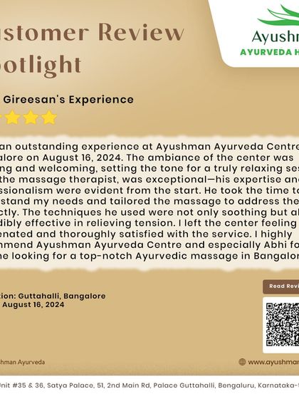 Mr. K. Gireesan had an outstanding experience at our Guttahalli center, praising the calming ambiance and the exceptional expertise of our therapist. He left feeling rejuvenated and thoroughly satisfied, highlighting the effectiveness of our techniques in relieving tension.