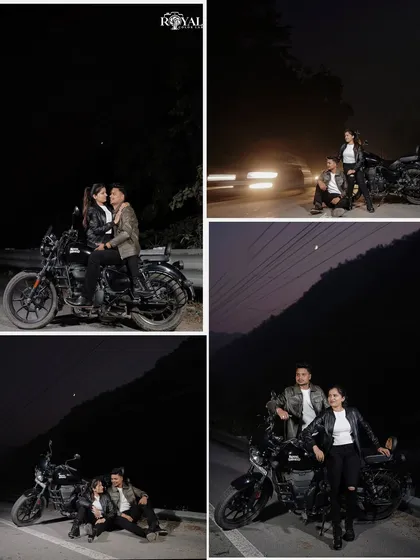 A collage of a couple's night shoot with a motorcycle, showcasing our ability to create dramatic and moody shots after dark.