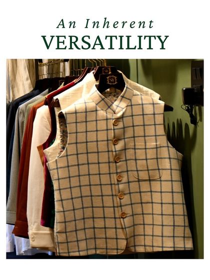 An inherent versatility. This image showcases a checked Nehru vest at the forefront of a collection of shirts, demonstrating how a single piece can anchor multiple looks.