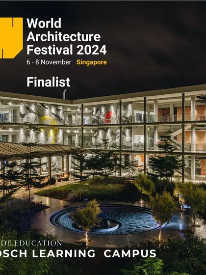 The award-winning Bosch Learning Campus in Bangalore, illuminated at night. The design integrates learning spaces with serene courtyards and water features, reflecting our philosophy of creating environments that foster community and connect with nature.