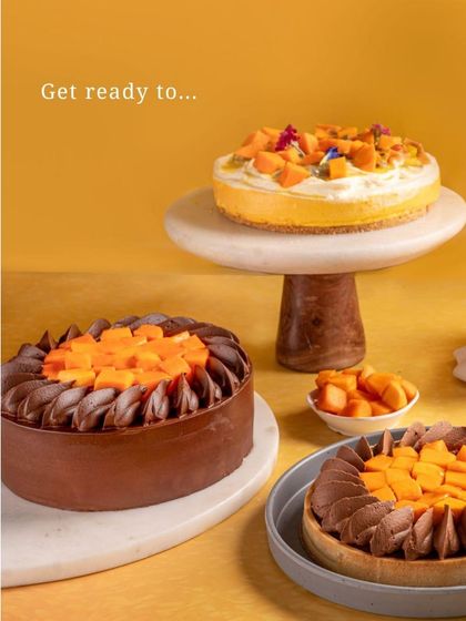 A preview of my mango menu. This image showcases the Mango Ganache cake and the Mango Passionfruit Cheesecake, both ready to be enjoyed.