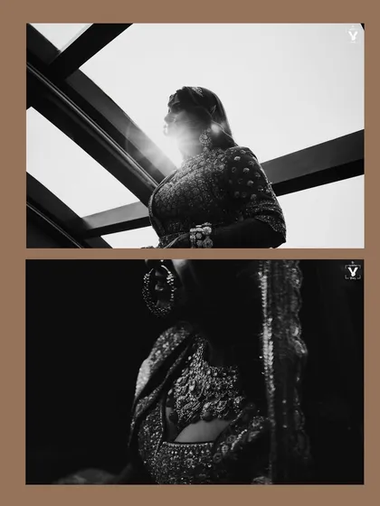 A dramatic black and white collage of bridal portraits. The use of strong sunlight and deep shadows creates a series of powerful, high-contrast, and artistic images.