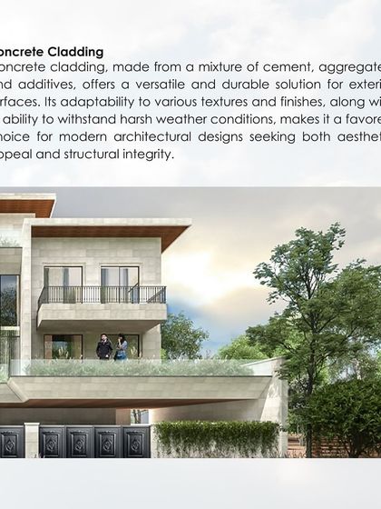 An infographic on concrete cladding, a versatile and durable solution for exterior surfaces. Its adaptability to various textures and finishes makes it a favored choice for modern architectural designs.