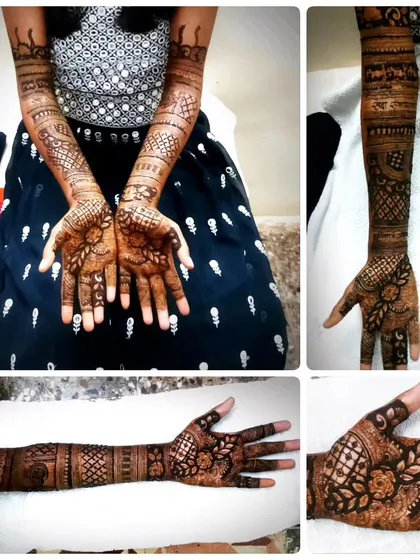 This collage shows how a detailed design looks on a client. From the full view of both arms to close-ups of the palm, you can see the consistency and intricacy of the patterns.