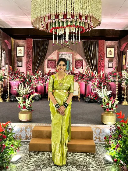 Our client Shruthi Reddy looks stunning in a Menthya Green designer silk saree, a perfect choice for a South Indian wedding celebration.
