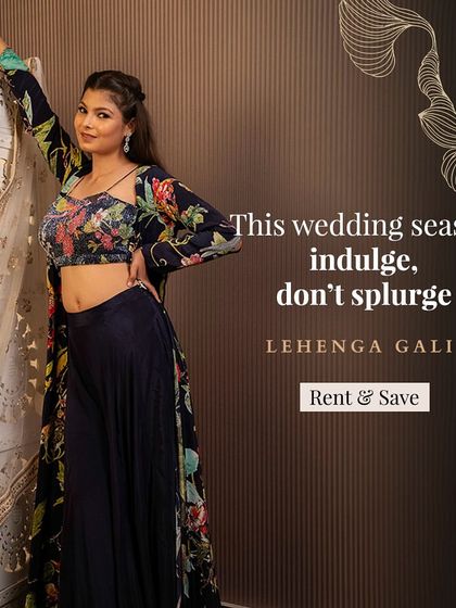 This wedding season, indulge, don't splurge. This floral print crop top and palazzo set with a matching cape is a fun and stylish rental for any pre-wedding event.