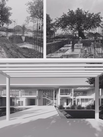 A collage showing the transformation of a villa project in Nashik from a raw construction site to a 3D render. This visual narrative demonstrates our process of envisioning a complete home while working with the foundational elements on site.