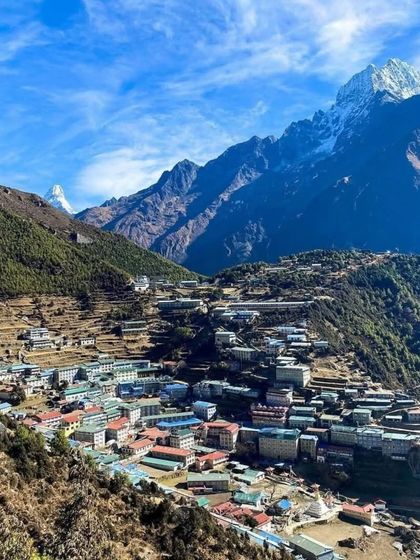 The village of Namche Bazaar, a key acclimatization spot on the way to Everest Base Camp, nestled in the mountains.