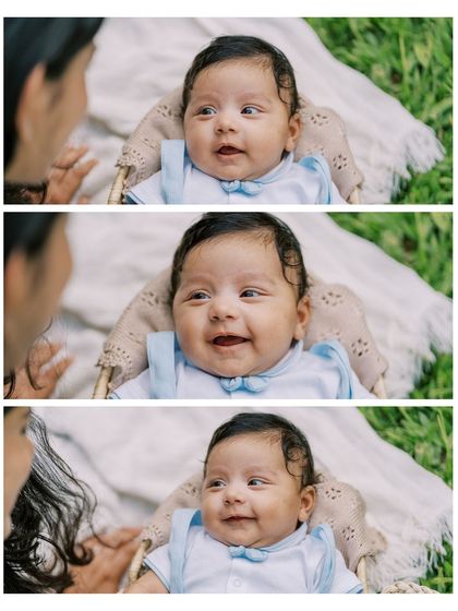 A sequence of three photos showing a baby's beautiful smiles as his mother talks to him. This captures the interactive and joyful nature of a lifestyle session.