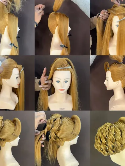A photo collage showing the detailed steps to create the advanced braided ponytail bun. This is a great learning tool for my students.