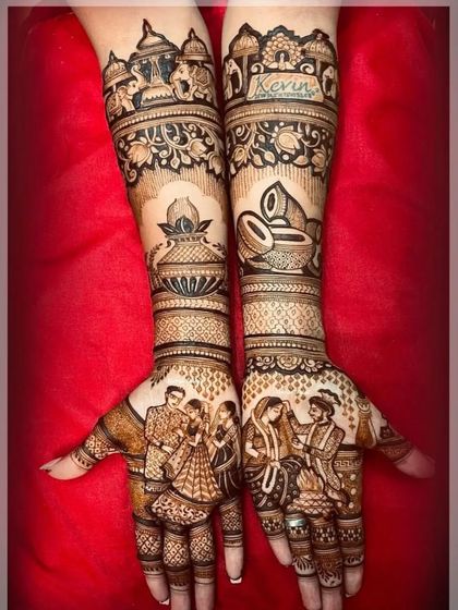 A design filled with auspicious wedding symbols, including the kalash (sacred pot), dhol (drums), and a family portrait.