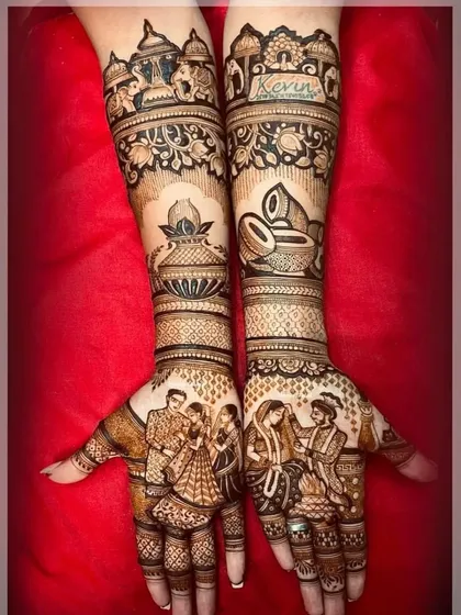 A design filled with auspicious wedding symbols, including the kalash (sacred pot), dhol (drums), and a family portrait.