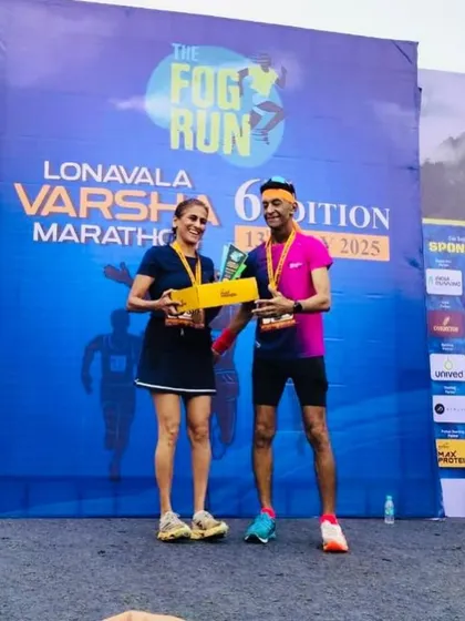 Our winners on the podium at the Lonavla Varsha Run. Paragi Seth and Kapil Arora finished on top in their categories after taking on the rain and hills.