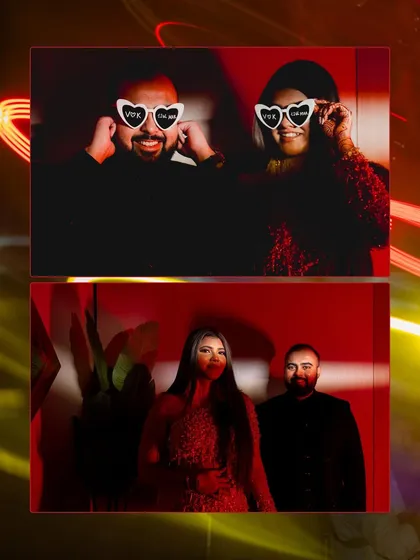 A collage of a couple's after-party photos, featuring fun poses with quirky sunglasses and dramatic red lighting effects.