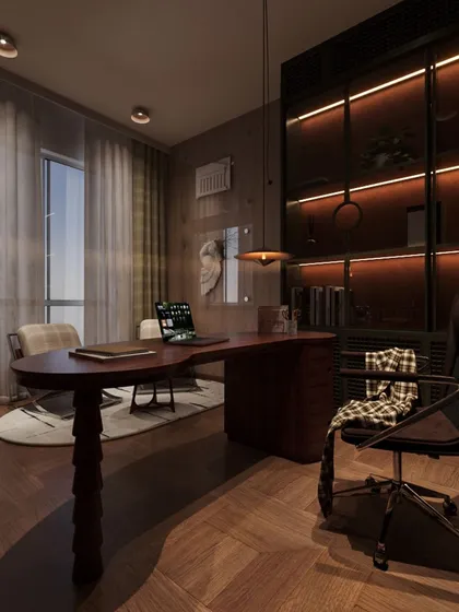 The lighting design plays a crucial role, with ambient light from the shelves and focused light from the pendant creating a moody yet functional environment.