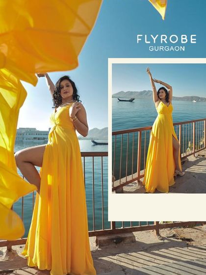 An off-beat wedding fit that makes a statement. This vibrant yellow gown is perfect for a destination pre-wedding shoot or a fun Haldi ceremony look.