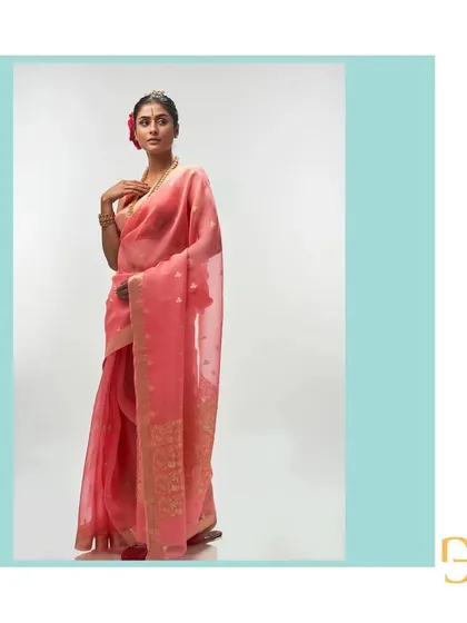 The full drape of the salmon silk organza saree, showing its light and airy quality. The delicate gold buttis add a touch of festive sparkle.