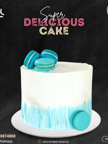 A simple yet elegant design that's one of my bestsellers. This cake features a beautiful blue watercolor effect on smooth white frosting, topped with matching blue macarons. It’s a versatile design that works wonderfully for birthdays, baby showers, or corporate events.