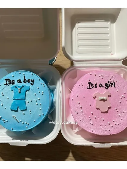 Adorable bento cakes for a baby shower or gender reveal. One is blue for 'It's a boy' and the other is pink for 'It's a girl'.