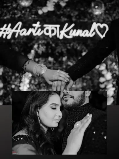 A collage of intimate black and white moments from Kunal and Aartika's Sangeet. The close-up on their hands and the custom neon sign add a personal and romantic touch.