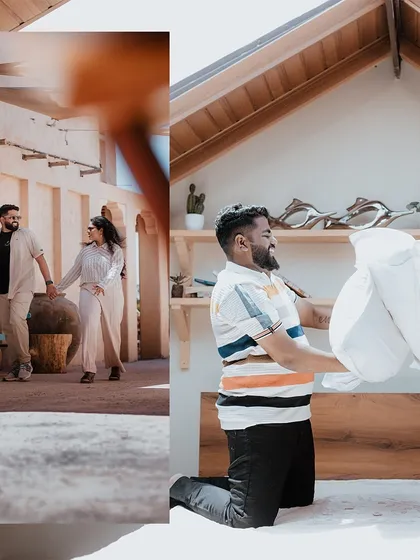 A fun and playful collage showing a couple having a pillow fight and walking hand-in-hand.
