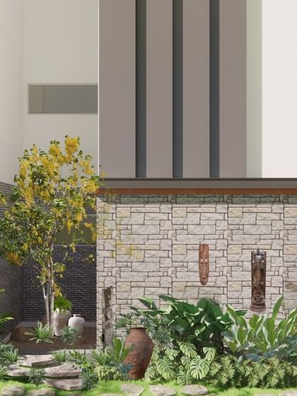 A design concept for a villa exterior, where we used a combination of stone cladding, cement finishes, and lush greenery to create a modern yet rustic look.