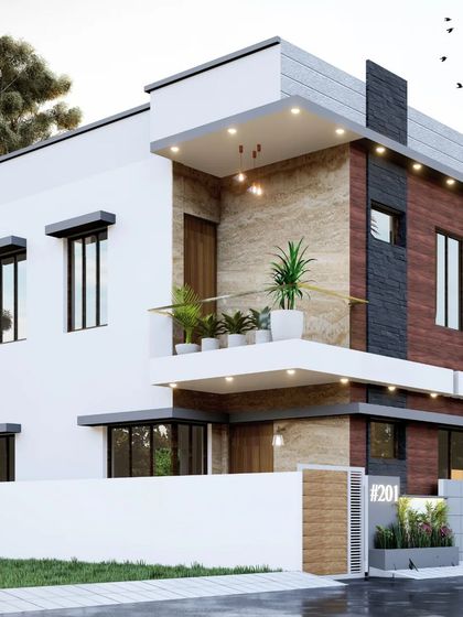 A design for a 20x30 west-facing plot, demonstrating how to create an impactful facade on a narrow lot. The design features a prominent balcony with a mix of marble-look tile, wood, and dark stone cladding.