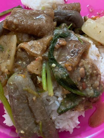 The buff skin curry served over rice. It's a complete and satisfying meal.