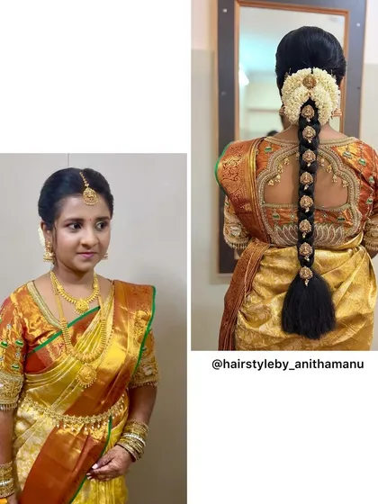 A complete traditional bridal look featuring a long braid decorated with classic gold Jadai Billai. This hairstyle is perfectly paired with a silk saree and gold jewelry.