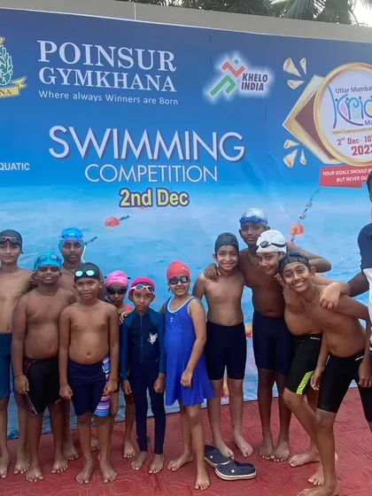 The full squad at the Poinsur Gymkhana swimming competition. It takes a collective effort from swimmers, coaches, and parents to succeed, and I am grateful for the patience and support of everyone involved.