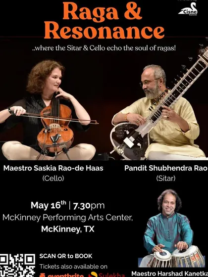 "Raga & Resonance," a poster for our weekend of concerts in Texas, where the sitar and cello echo the soul of ragas.