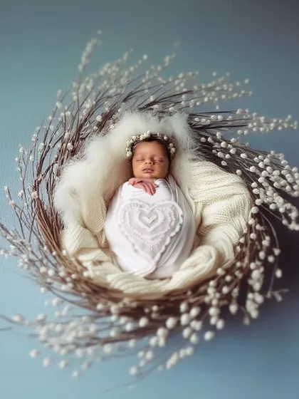 I love designing unique, artistic setups. Here, a delicate nest of pussy willow branches and a soft pearl headband create an ethereal and peaceful portrait, highlighting the baby's serene beauty.