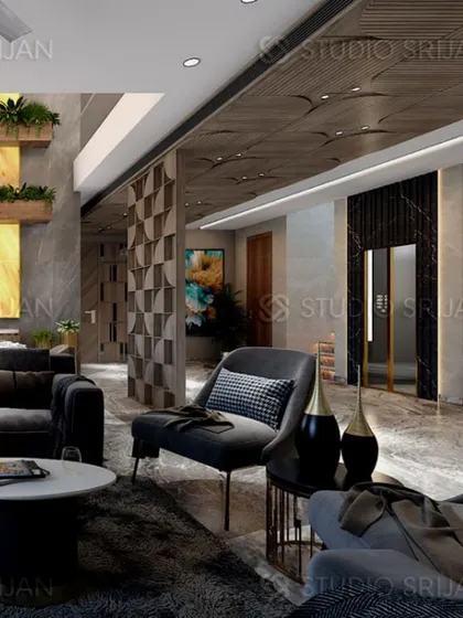 This view of the Varanasi lobby highlights the use of 3D wall panels and a mix of seating arrangements to create a dynamic and multi-functional space.