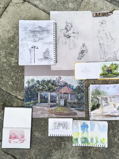 A collection of sketches from our group's outing at Mindspace Garden. It's wonderful to see everyone's different artistic interpretations of the same location.