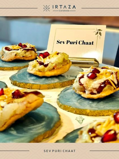 A beautiful platter of Sev Puri Chaat, with each puri carefully topped and garnished. I use unique agate-style coasters for a touch of elegance.