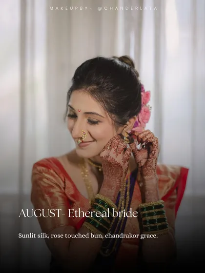 An ethereal Marathi bride look. This style features a sunlit silk saree, a rose-touched bun, and the graceful Chandrakor bindi for a soft, romantic feel.