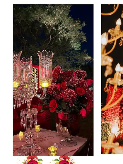Details of the red-themed decor, featuring crystal candelabras and deep red floral arrangements that added a touch of classic elegance and romance.