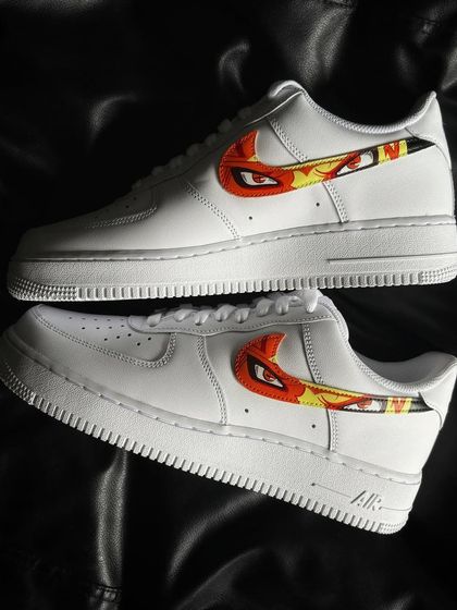 A top-down view of the Naruto-themed custom Nike Air Force 1s.