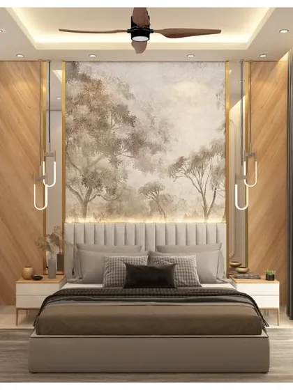 This 3D concept shows a luxurious bedroom with a full-wall headboard featuring wood panels, mirrors, and a beautiful painted mural. The design includes modern hanging lights and a sleek, integrated study area.