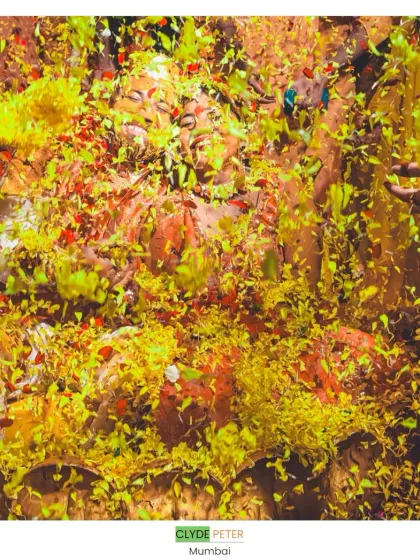 An award-winning shot of a Haldi ceremony, capturing the moment of absolute chaos and joy.