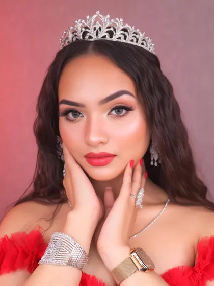 A beautiful Valentine's special look, featuring classic red lips, soft eye makeup, and a princess-like tiara. This is a timeless and romantic makeup style.