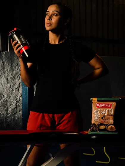 A shot from my TV commercial shoot. Fueling up with a protein shake and Rajdhani Sattu, because what you put in your body matters.