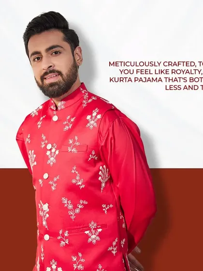 Wrap yourself in royalty with this majestic red Kurta Pajama Jacket. Meticulously crafted, this trendy yet timeless piece will make you feel like a king.