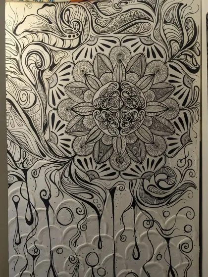Here is the complete view of a mandala mural I created, combining a textured white base with intricate black doodle work. This piece was designed to transform a simple wall into a focal point of calm and detailed beauty, with every line and pattern painted by hand.