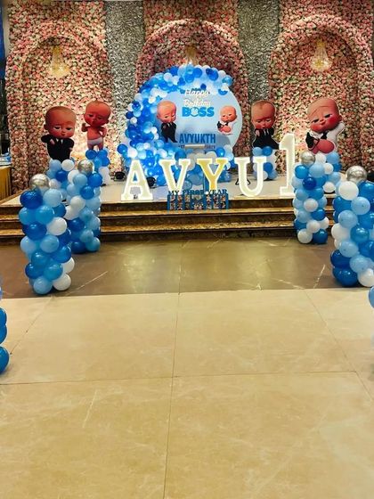 A wide shot of the Boss Baby party hall.